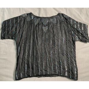 Vintage Silk Blouse with Heart Sequin Detailing